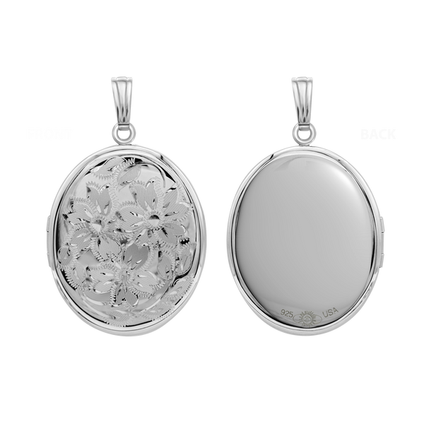 Hand Engraved Design Oval Locket in Sterling Silver with Optional Engraving (46 x 30 mm)