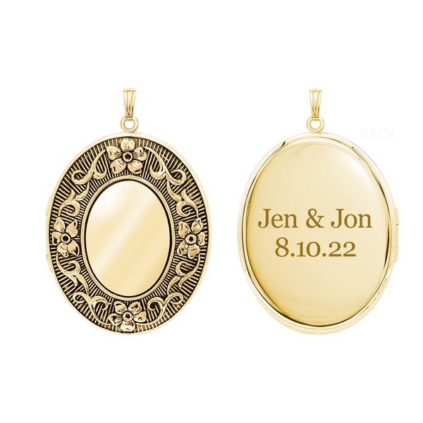 Antique Finish Embossed Oval Locket in 14K Gold Filled with Optional Engraving (38 x 23 mm - 57 x 38 mm)