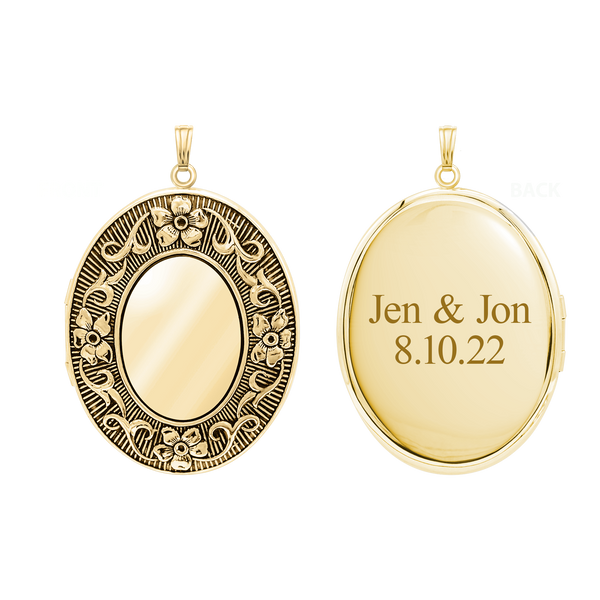 Antique Finish Embossed Oval Locket in 14K Gold Filled with Optional Engraving (38 x 23 mm - 57 x 38 mm)