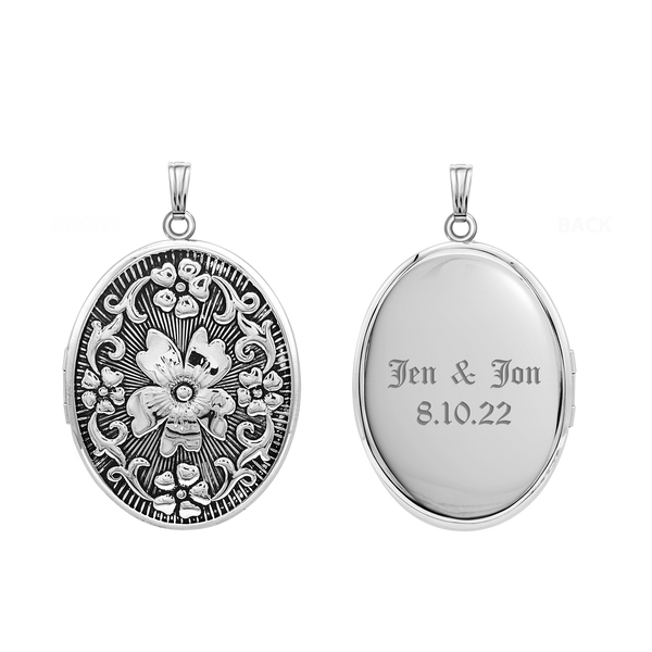 Antique Finish Embossed Oval Locket in Sterling Silver with Optional Engraving (46 x 30 mm)
