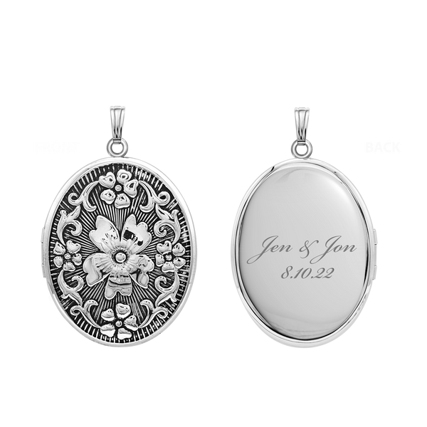 Antique Finish Embossed Oval Locket in Sterling Silver with Optional Engraving (46 x 30 mm)