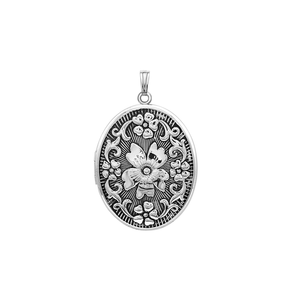 Antique Finish Embossed Oval Locket in Sterling Silver with Optional Engraving (46 x 30 mm)