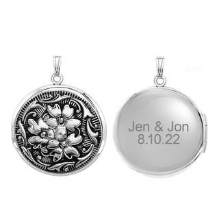 Antique Finish Embossed Round Locket in Sterling Silver with Optional Engraving (41 x 32 mm)