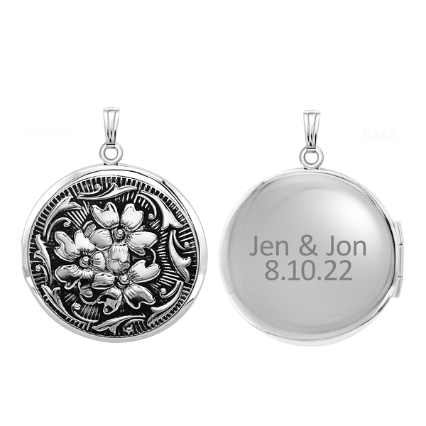 Antique Finish Embossed Round Locket in Sterling Silver with Optional Engraving (41 x 32 mm)