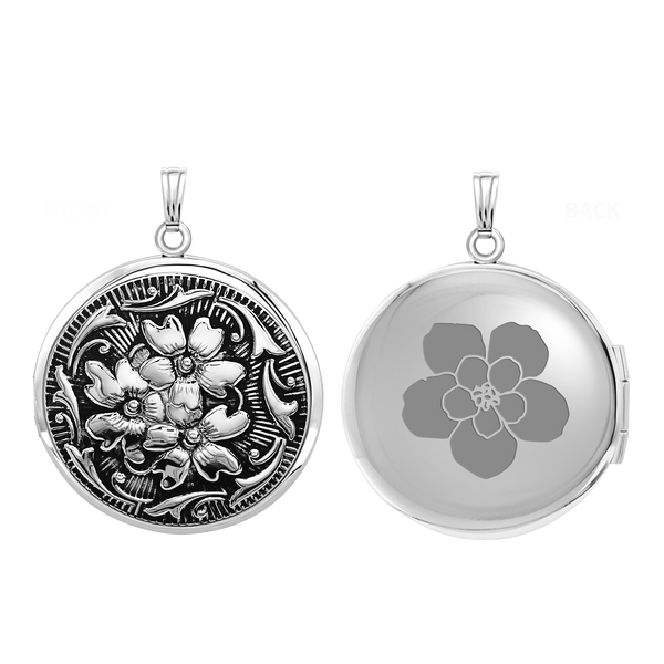 Antique Finish Embossed Round Locket in Sterling Silver with Optional Engraving (41 x 32 mm)