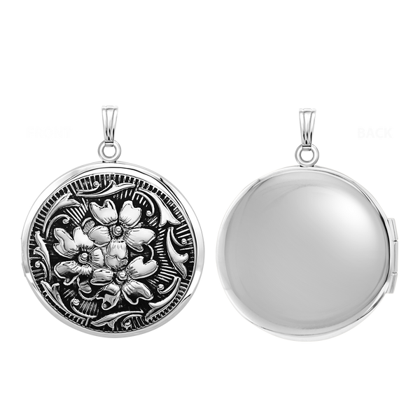 Antique Finish Embossed Round Locket in Sterling Silver with Optional Engraving (41 x 32 mm)