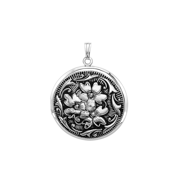 Antique Finish Embossed Round Locket in Sterling Silver with Optional Engraving (41 x 32 mm)