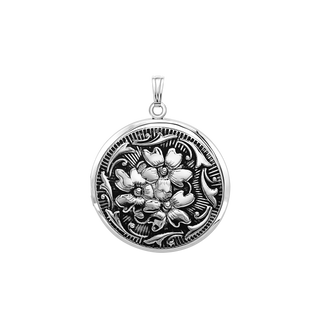 Antique Finish Embossed Round Locket in Sterling Silver with Optional Engraving (41 x 32 mm)