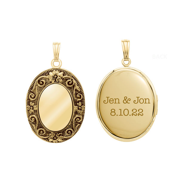 Antique Finish Embossed Oval Locket in 14K Gold Filled with Optional Engraving (38 x 23 mm - 57 x 38 mm)