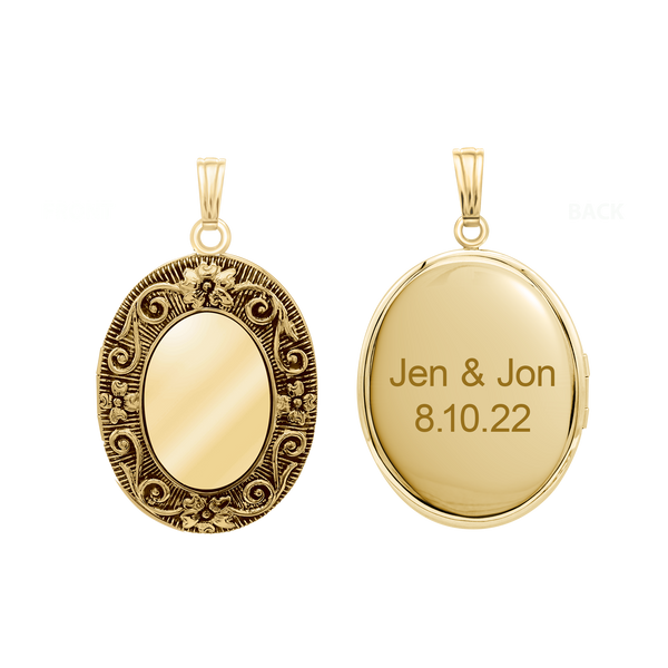 Antique Finish Embossed Oval Locket in 14K Gold Filled with Optional Engraving (38 x 23 mm)