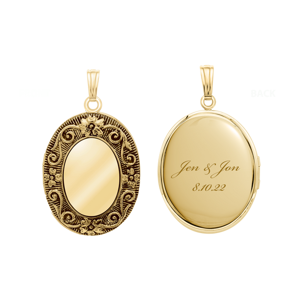 Antique Finish Embossed Oval Locket in 14K Gold Filled with Optional Engraving (38 x 23 mm - 57 x 38 mm)