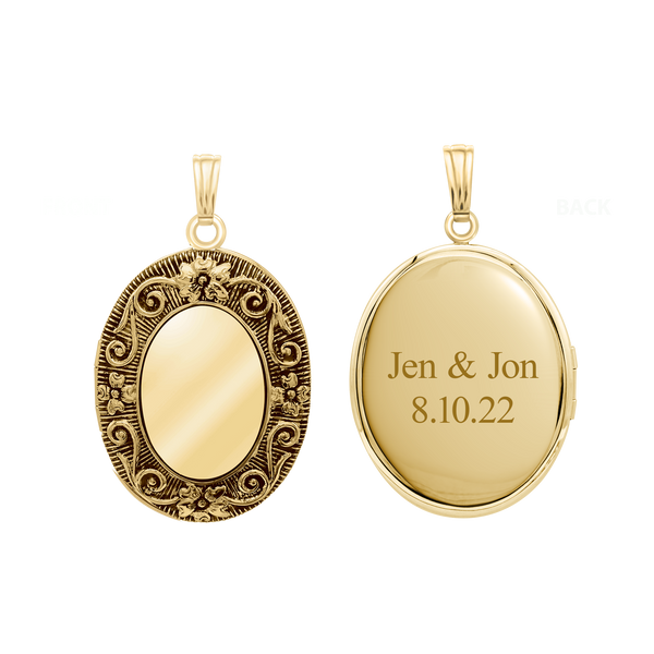 Antique Finish Embossed Oval Locket in 14K Gold Filled with Optional Engraving (38 x 23 mm - 57 x 38 mm)