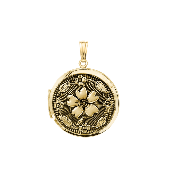 Antique Finish Embossed Round Locket in 14K Gold Filled with Optional Engraving (31 x 23 mm)