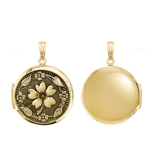 Antique Finish Embossed Round Locket in 14K Gold Filled with Optional Engraving (31 x 23 mm)