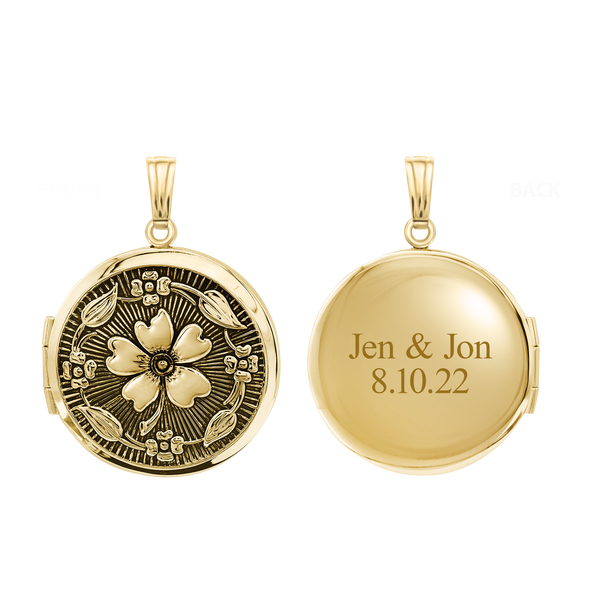 Antique Finish Embossed Round Locket in 14K Gold Filled with Optional Engraving (31 x 23 mm)