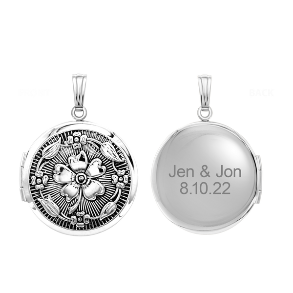 Antique Finish Embossed Round Locket in Sterling Silver with Optional Engraving (32 x 24 mm)