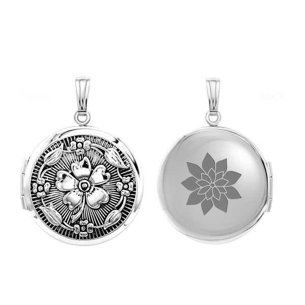 Antique Finish Embossed Round Locket in Sterling Silver with Optional Engraving (32 x 24 mm)