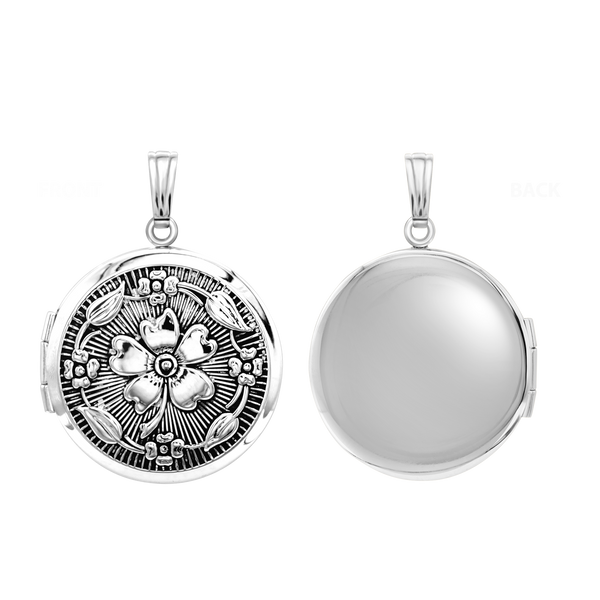 Antique Finish Embossed Round Locket in Sterling Silver with Optional Engraving (32 x 24 mm)