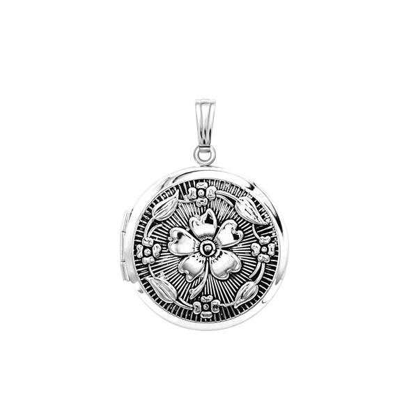 Antique Finish Embossed Round Locket in Sterling Silver with Optional Engraving (32 x 24 mm)