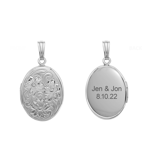 Embossed Oval Locket in Sterling Silver with Optional Engraving (30 x 17 mm)