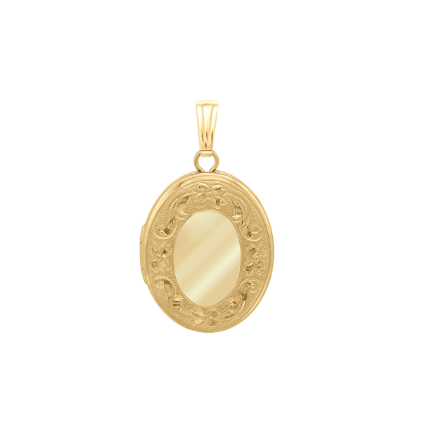 Hand Engraved Design Oval Locket in 14K Gold Filled with Optional Engraving (23 x 13 mm)