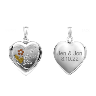 Tri-Color & Hand Engraved Design Heart Locket in Sterling Silver with Optional Engraving (28 x 19 mm)