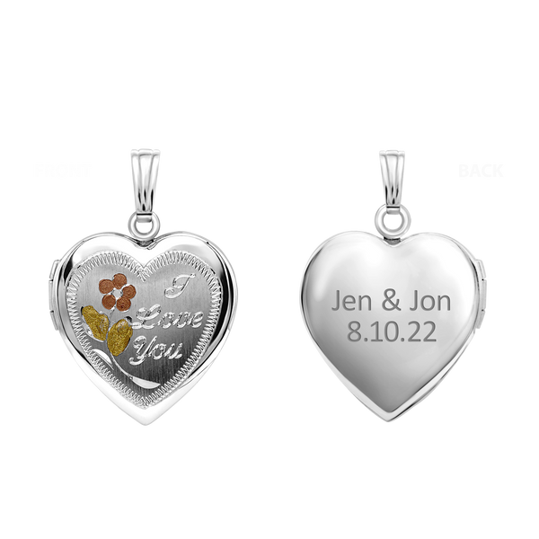 Tri-Color & Hand Engraved Design Heart Locket in Sterling Silver with Optional Engraving (28 x 19 mm)