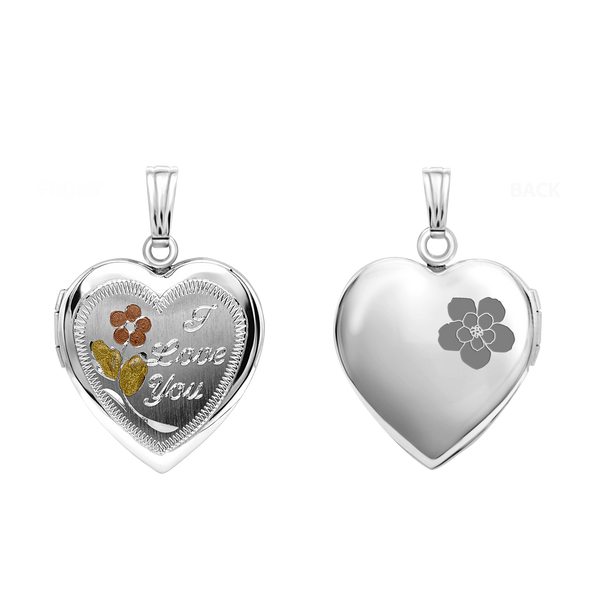 Tri-Color & Hand Engraved Design Heart Locket in Sterling Silver with Optional Engraving (28 x 19 mm)