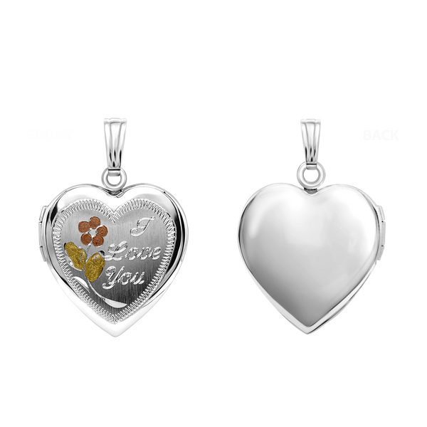 Tri-Color & Hand Engraved Design Heart Locket in Sterling Silver with Optional Engraving (28 x 19 mm)