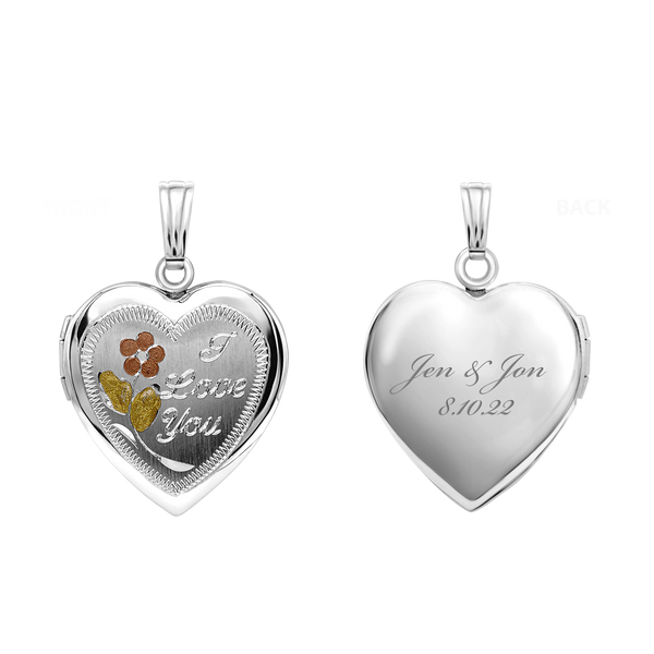 Tri-Color & Hand Engraved Design Heart Locket in Sterling Silver with Optional Engraving (28 x 19 mm)