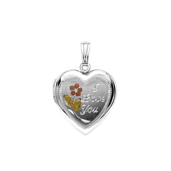 Tri-Color & Hand Engraved Design Heart Locket in Sterling Silver with Optional Engraving (28 x 19 mm)