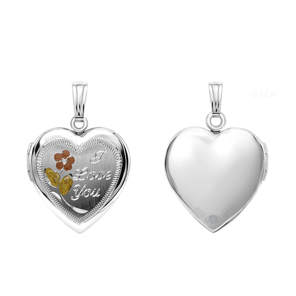 Tri-Color & Hand Engraved Design Heart Locket in Sterling Silver with Optional Engraving (28 x 19 mm)