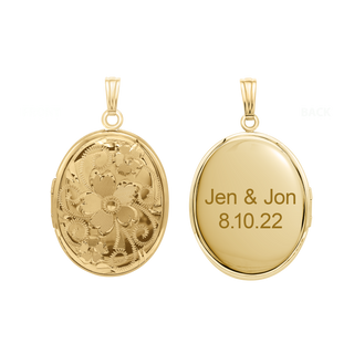 Hand Engraved Design Oval Locket in 14K Gold Filled with Optional Engraving (38 x 23 mm)