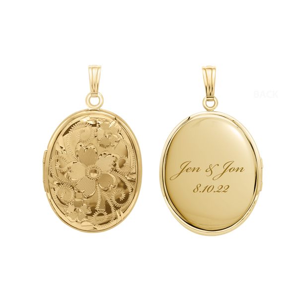 Hand Engraved Design Oval Locket in 14K Gold Filled with Optional Engraving (38 x 23 mm)