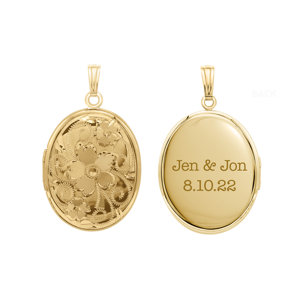 Hand Engraved Design Oval Locket in 14K Gold Filled with Optional Engraving (38 x 23 mm)