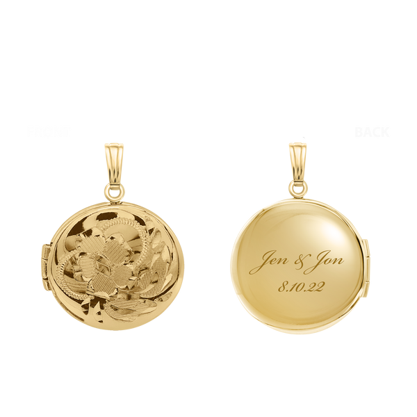 Hand Engraved Design Round Locket in 14K Gold Filled with Optional Engraving (20 x 14 mm)