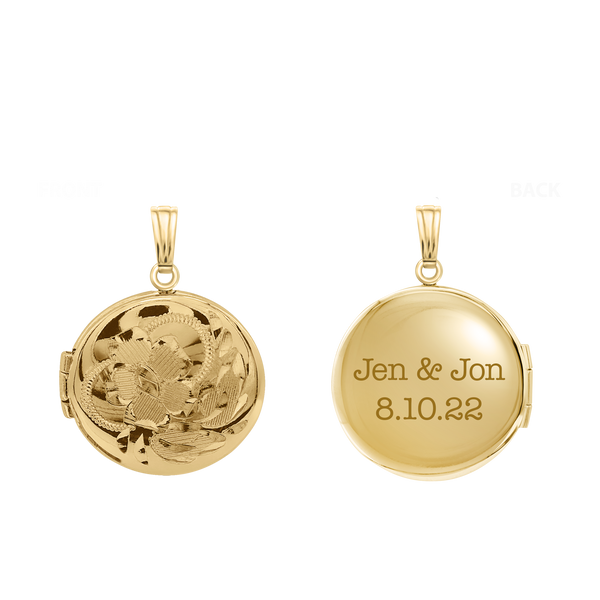 Hand Engraved Design Round Locket in 14K Gold Filled with Optional Engraving (20 x 14 mm)