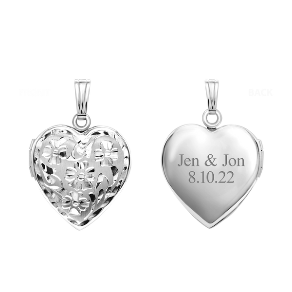 Hand Engraved Design Heart Locket in Sterling Silver with Optional Engraving (28 x 15 mm)