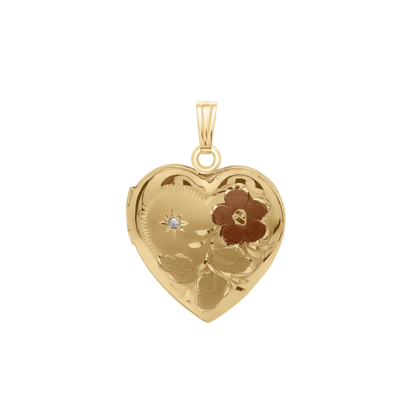 Tri-Color & Hand Engraved Design Heart Locket with Diamonds in 14K Gold Filled  with Optional Engraving (28 x 19 mm)