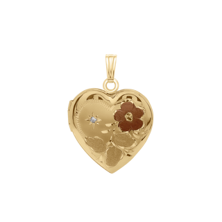 Tri-Color & Hand Engraved Design Heart Locket with Diamonds in 14K Gold Filled  with Optional Engraving (28 x 19 mm)