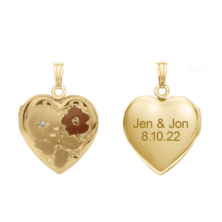 Tri-Color & Hand Engraved Design Heart Locket with Diamonds in 14K Gold Filled  with Optional Engraving (28 x 19 mm)