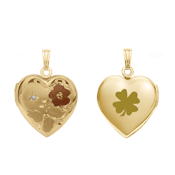 Tri-Color & Hand Engraved Design Heart Locket with Diamonds in 14K Gold Filled  with Optional Engraving (28 x 19 mm)