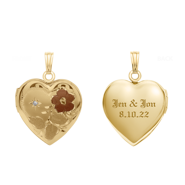 Tri-Color & Hand Engraved Design Heart Locket with Diamonds in 14K Gold Filled  with Optional Engraving (28 x 19 mm)