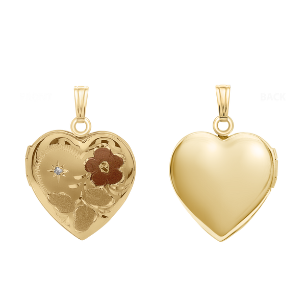 Tri-Color & Hand Engraved Design Heart Locket with Diamonds in 14K Gold Filled  with Optional Engraving (28 x 19 mm)