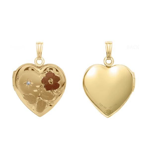 Tri-Color & Hand Engraved Design Heart Locket with Diamonds in 14K Gold Filled  with Optional Engraving (28 x 19 mm)
