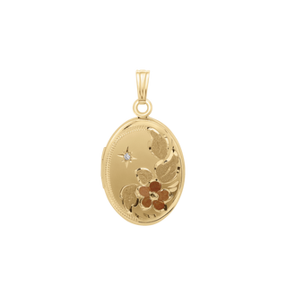 Tri-Color & Hand Engraved Design Oval Locket with Diamonds in 14K Gold Filled with Optional Engraving (30 x 16 mm)