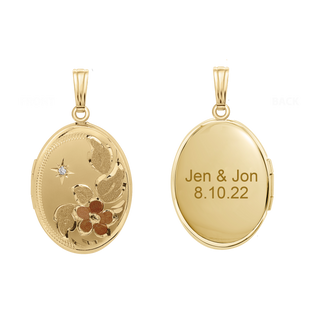 Tri-Color & Hand Engraved Design Oval Locket with Diamonds in 14K Gold Filled with Optional Engraving (30 x 16 mm)