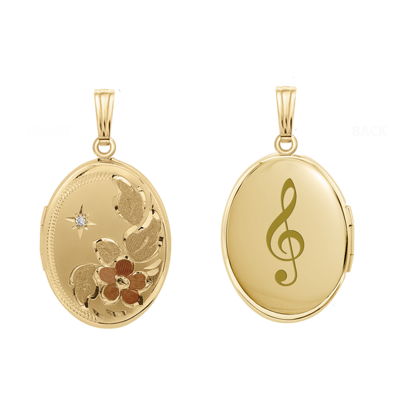 Tri-Color & Hand Engraved Design Oval Locket with Diamonds in 14K Gold Filled with Optional Engraving (30 x 16 mm)