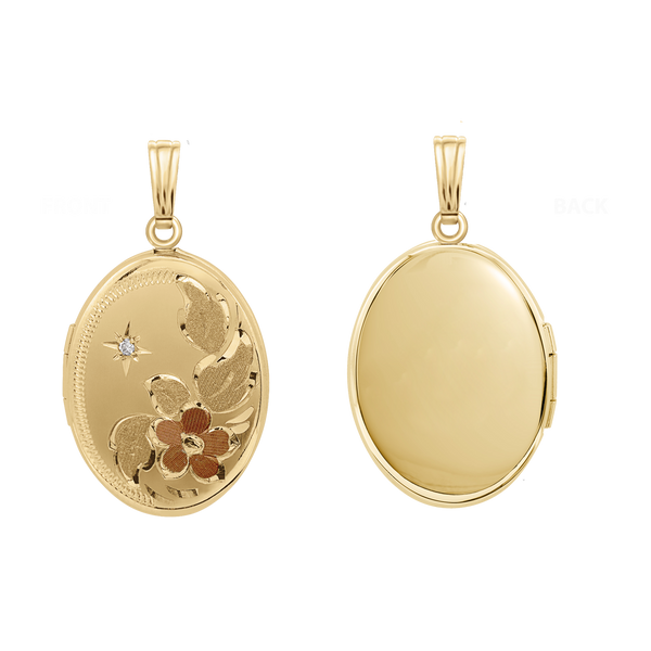 Tri-Color & Hand Engraved Design Oval Locket with Diamonds in 14K Gold Filled with Optional Engraving (30 x 16 mm)