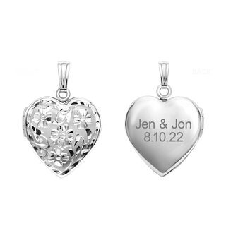 Hand Engraved Design Heart Locket in Sterling Silver with Optional Engraving (28 x 15 mm)